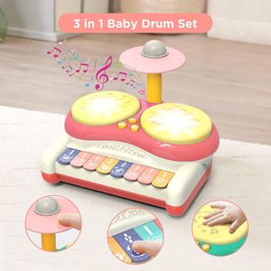 ست جاز و درام 3 در 1 کودک 2 طبلی صورتی Piano Keyboard Drum Set 3 in 1 Baby Musical Toys_اسباب بازی